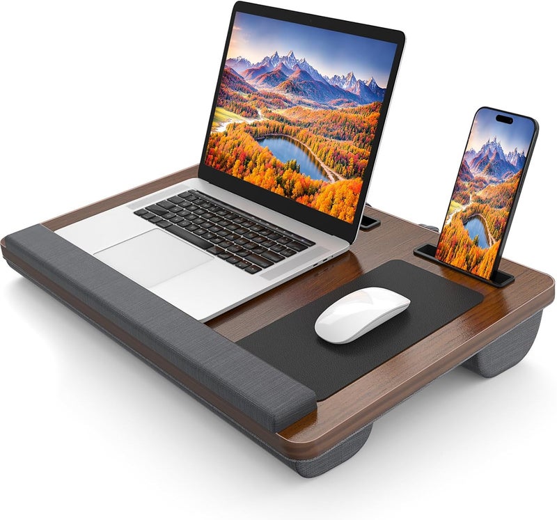 HETTHI Laptop Lap Desk, Portable Large Laptop Desk for Bed, Up to 17 in Lap Table with Wrist Rest, Mouse Pad, Tablet Phone Slot, Portable Handle, Lap Tray with Cushion (Dark Brown) - Image 1